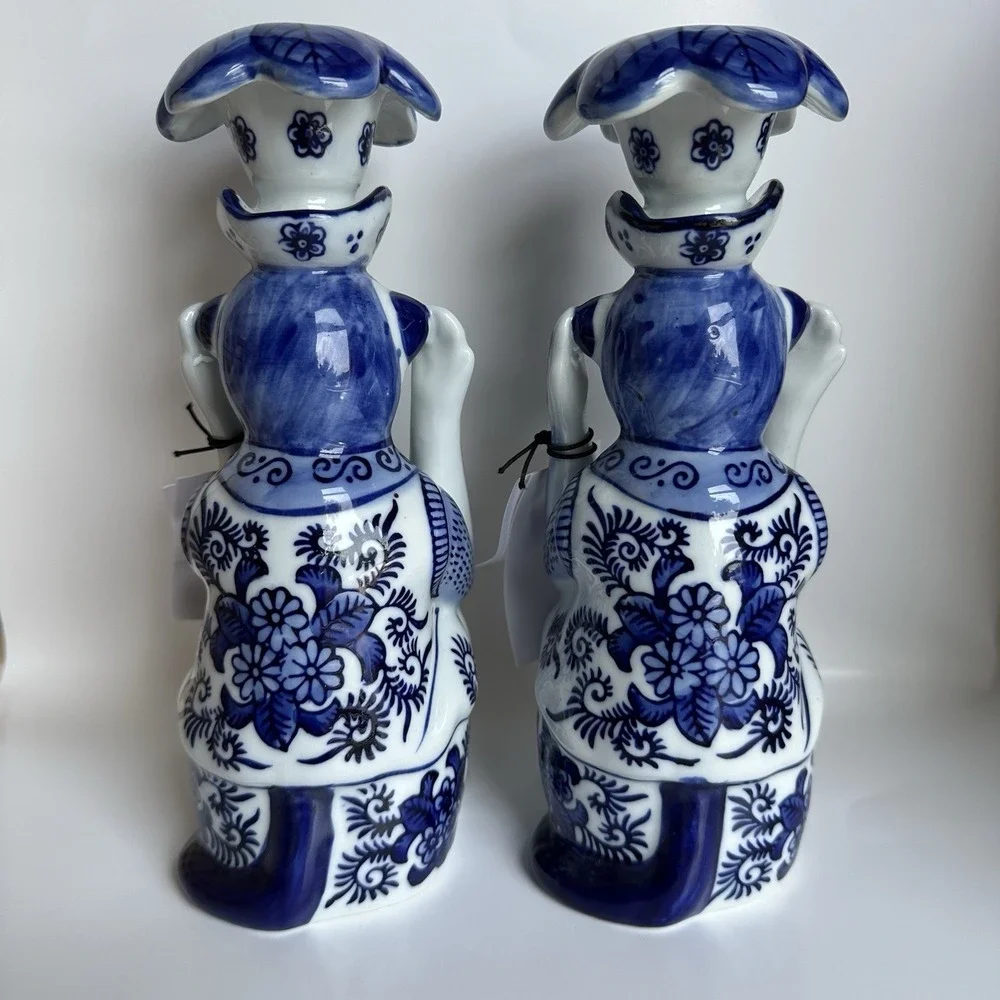 NWT 8 Oak Lane Blue White Porcelain Chinoiserie Monkey Candlestick Set 9 Inch
